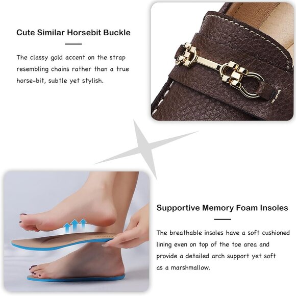 Kordal Women's Coffee Leather Gold Accent Buckle Slip-Ons Walking Flats Loafers - Picture 4 of 9